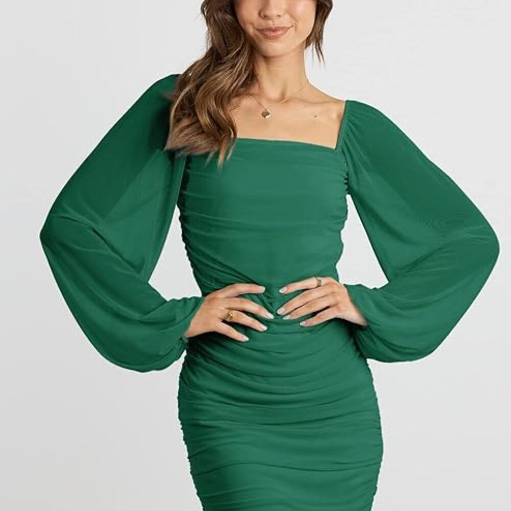 S Square Neck Lantern Long Sleeve Mini Ruched Dress Stretch Green St Paticks Day